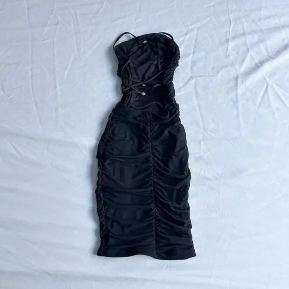 Oh Polly Everlasting Romance Cowl Neck Ruched Mini Dress in Black - Picture 4 of 8